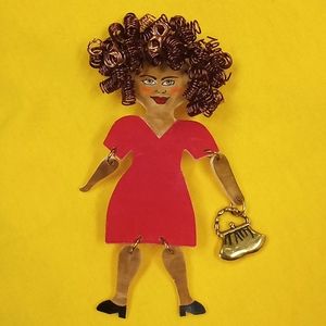 African American Black History Handmade Crazy Hair Lady w/Purse Pin Brooch